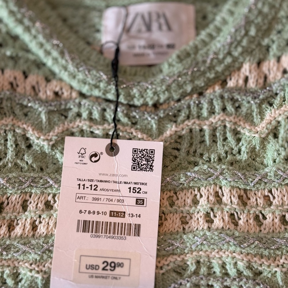 NWT Zara Kids Crochet Knit Green & White Cropped Sweater Vest – Size 12 - Picture 3 of 3